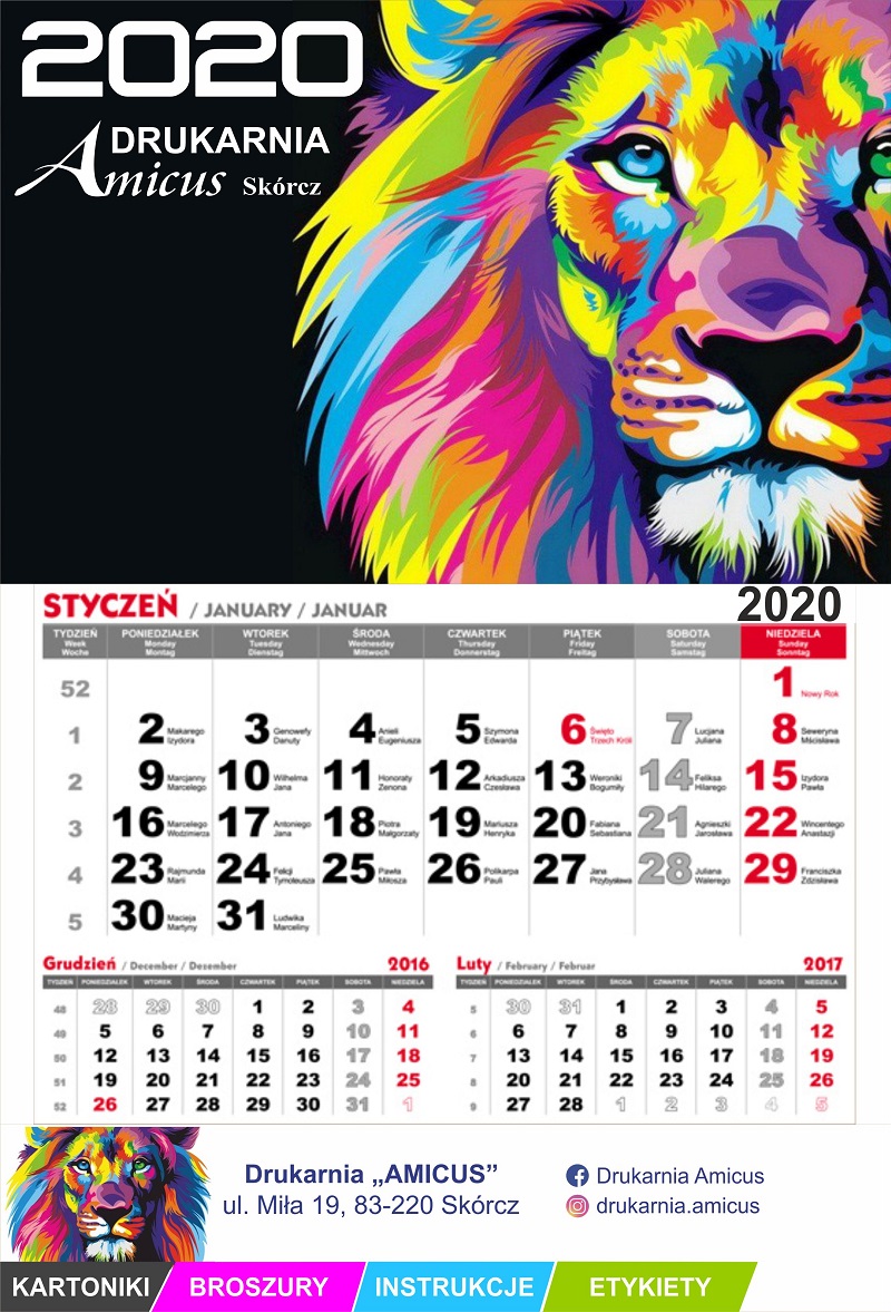 kalendarz jednodzielny 2020